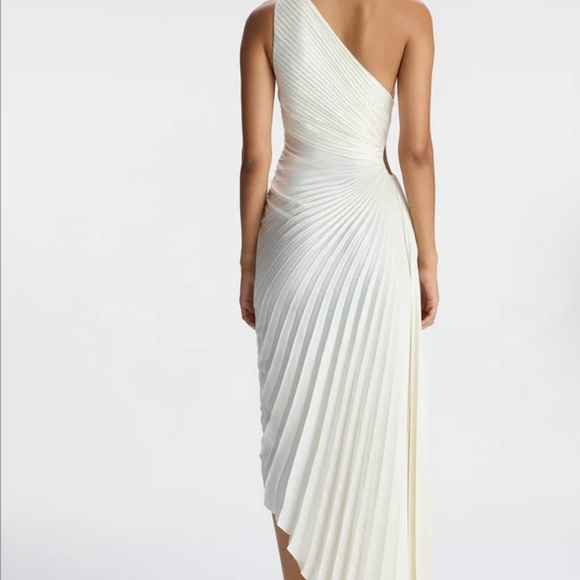 A.L.C. White Whisper  Satin Delfina Pleated Long Asymmetric One-Shoulder Dress - Picture 8 of 10